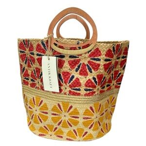 Antik Kraft Jute Floral Print Tote Bag Wooden Handles Coastal Chic Boho Vacation